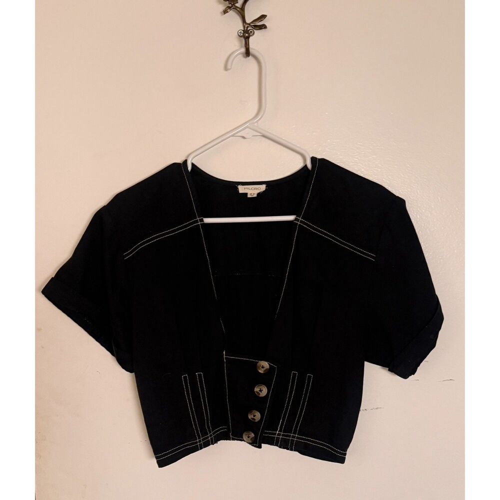 Pilcro Anthropologie Black Contrast Stitch Corset Button Front Crop Top 6
